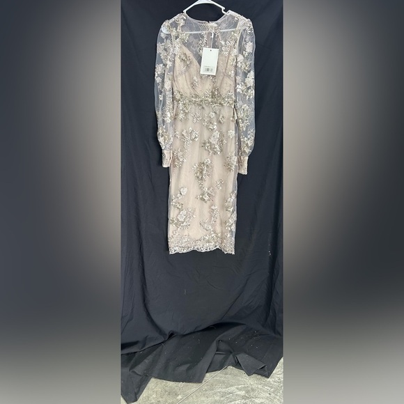 MAC DUGGAL 67862 NWT Embellished High Neck Illusion Long Sleeve Midi Dress - Picture 4 of 6